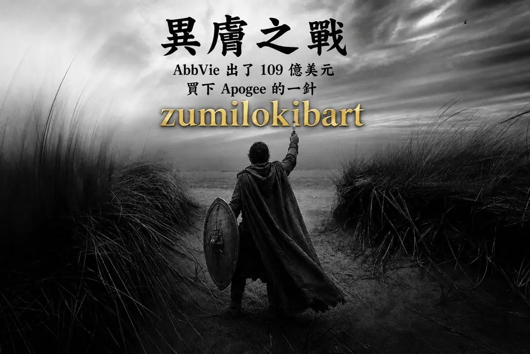 黑白荒原上一位持劍舉起的身影，畫面上方寫著「異膚之戰．AbbVie 出了 109 億美元買下 Apogee 的一針．zumilokibart」。