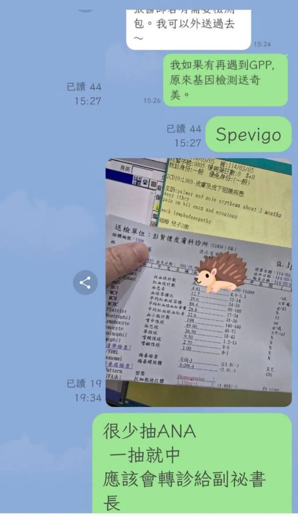 通訊軟體對話截圖，綠色訊息框寫著「很少抽 ANA 一抽就中」，中間夾著一張抽血報告與病歷單的翻拍照片，個資欄位已遮蔽。
