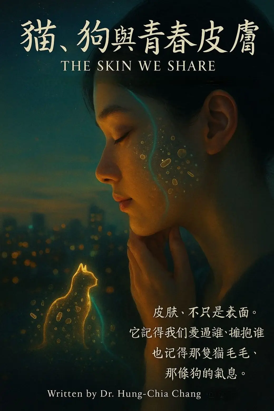 合成插畫，深藍綠色調，一位閉著眼的女性側臉，臉頰上浮著細小光點，下方坐著一隻由金色線條構成的貓，上方印著英文 THE SKIN WE SHARE。