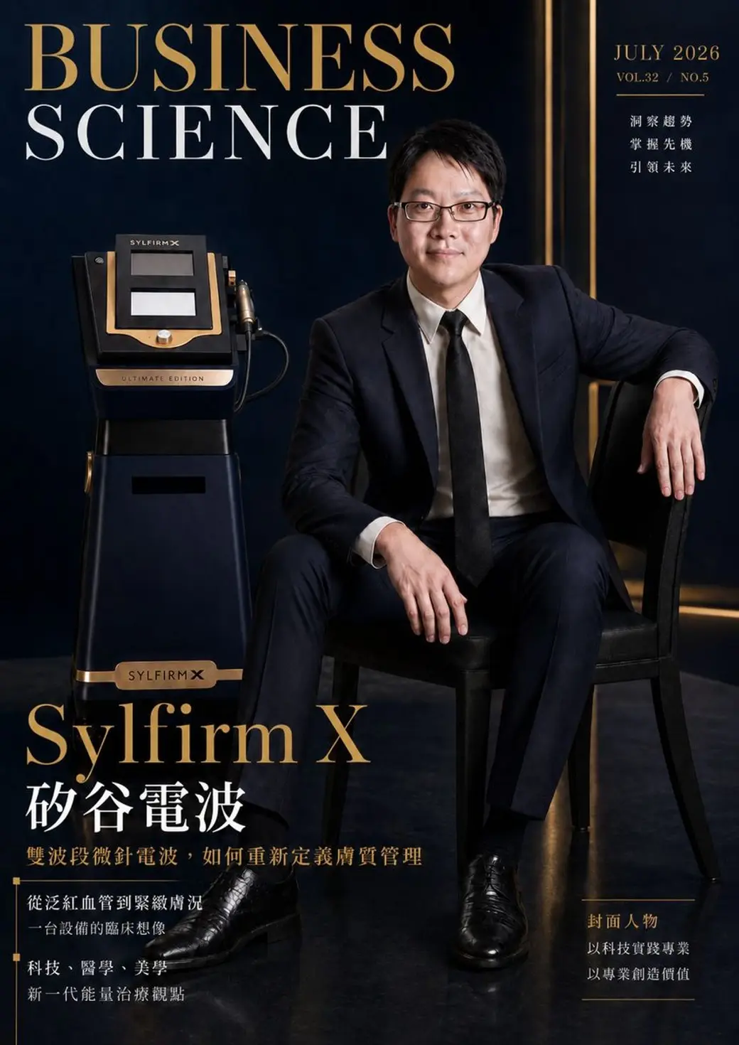 仿雜誌封面的合成圖，深色背景中一位醫師西裝坐在椅子上，左側立著 Sylfirm X 儀器，刊頭寫著 BUSINESS SCIENCE，下方標示「矽谷電波」。