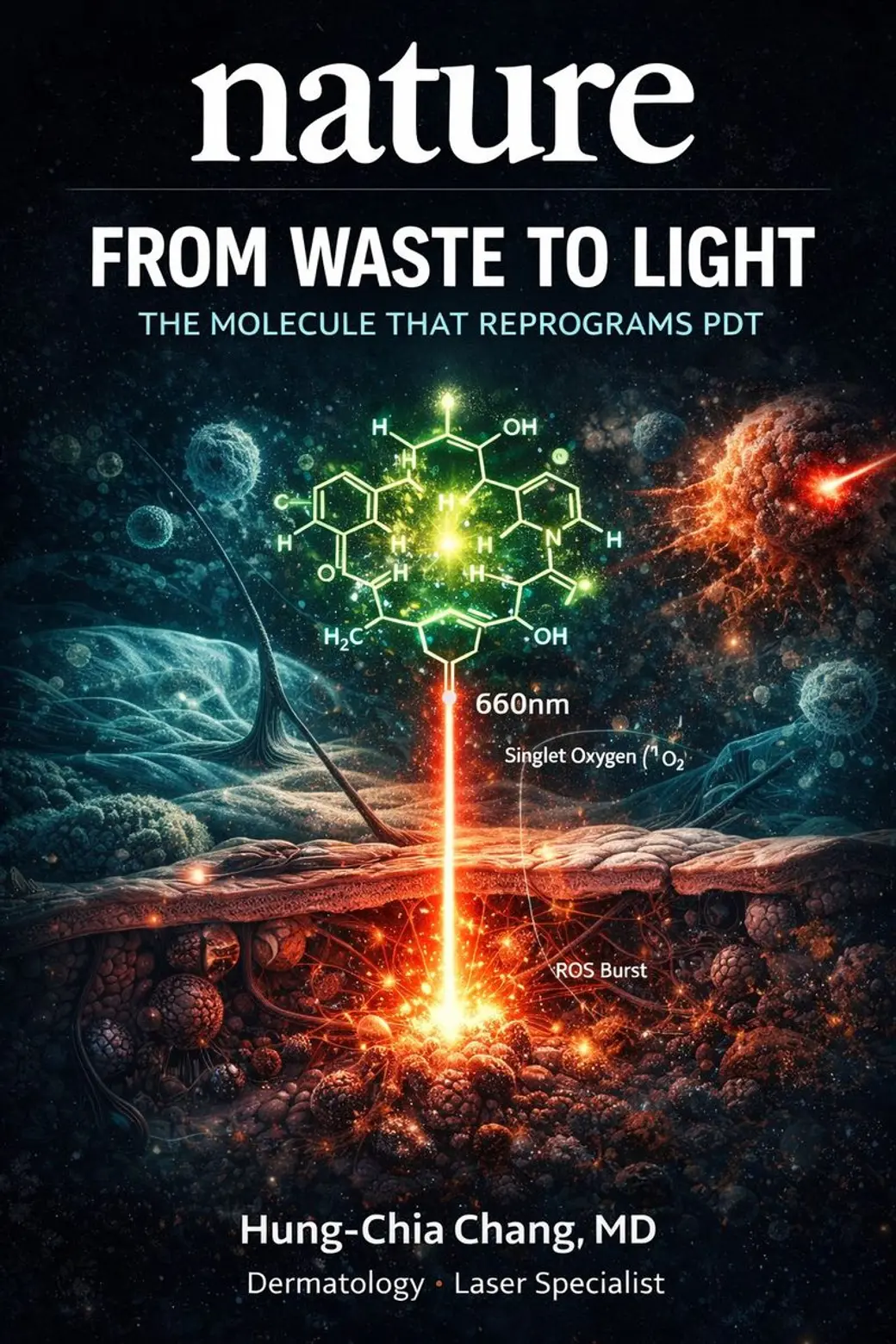 仿期刊封面的合成圖，黑底星雲背景中央是一個發光的分子結構式，下方一道紅色光束射進皮膚剖面，標示 660nm、Singlet Oxygen 與 ROS Burst。