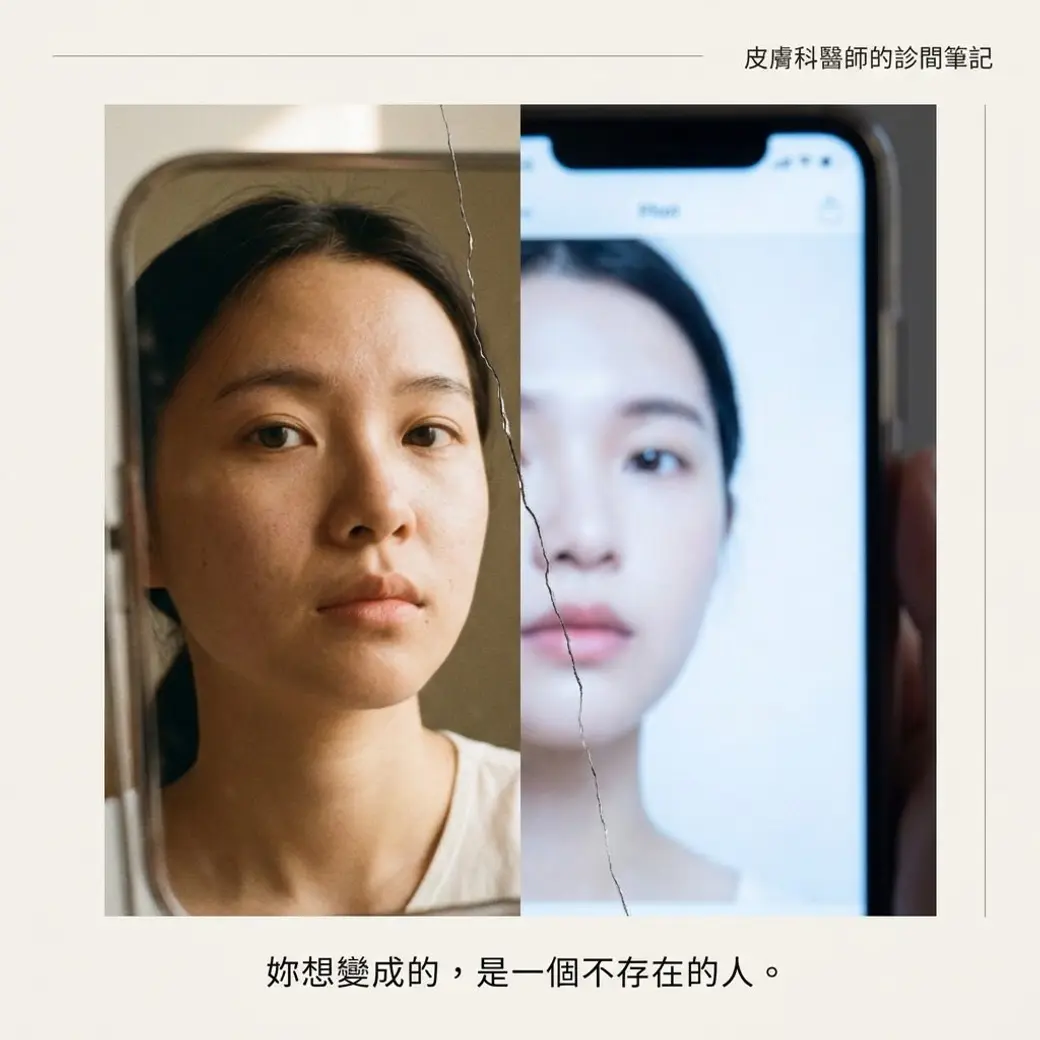 圖卡，右上角寫著「皮膚科醫師的診間筆記」，中間並排兩張人像：左邊是鏡中未修飾的臉，右邊是手機螢幕裡經過濾鏡的同一張臉，兩張之間有一道裂痕，下方寫著「妳想變成的，是一個不存在的人。」