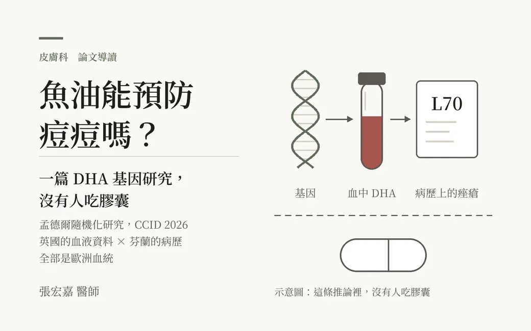 排版式數據封面，淺色底。左上標「皮膚科　論文導讀」；主標「魚油能預防痘痘嗎？」，副標「一篇 DHA 基因研究，沒有人吃膠囊」；副標下方三行小字：孟德爾隨機化研究，CCID 2026；英國的血液資料 × 芬蘭的病歷；全部是歐洲血統。右側是一張簡化的示意：一條基因的雙股螺旋，箭頭指向一管血，再指向一張寫著 L70 的病歷卡，三個圖示下方分別標「基因」「血中 DHA」「病歷上的痤瘡」；底下一條虛線隔開一顆沒有標示的膠囊線稿，膠囊下方小字「示意圖：這條推論裡，沒有人吃膠囊」。左下角署名張宏嘉醫師。畫面沒有人臉、病灶照片、產品包裝、品牌或放大的數字。