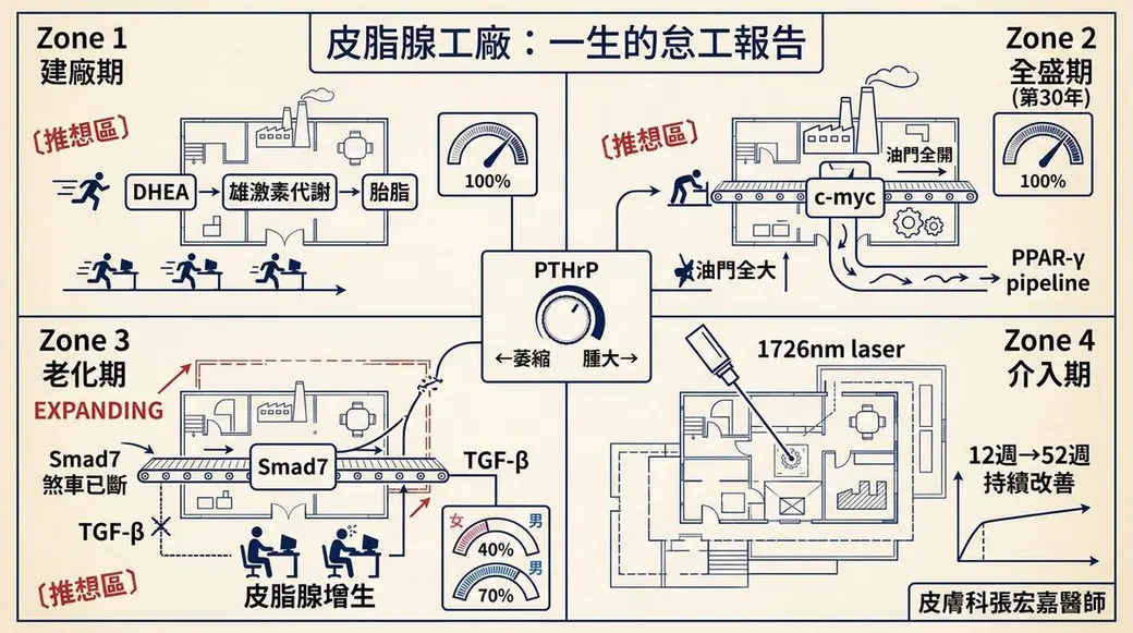 自製手繪風格圖解，把皮脂腺畫成一座工廠，分成建廠期、全盛期、老化期、介入期四個區塊，標示 DHEA、PTHrP、c-myc、Smad7、TGF-β 與 1726nm 雷射。