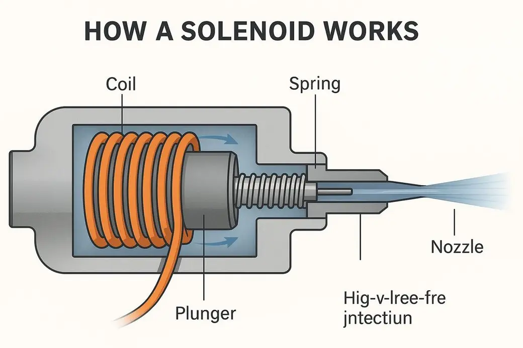 英文示意圖，標題 HOW A SOLENOID WORKS，剖面畫出線圈、彈簧、柱塞與噴嘴，右側是噴出的液柱。