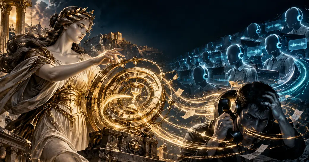 古希臘欺騙女神手扶金色時間輪盤，右側是與 AI 通訊系統周旋的詐騙者；AI 生成的概念插畫。