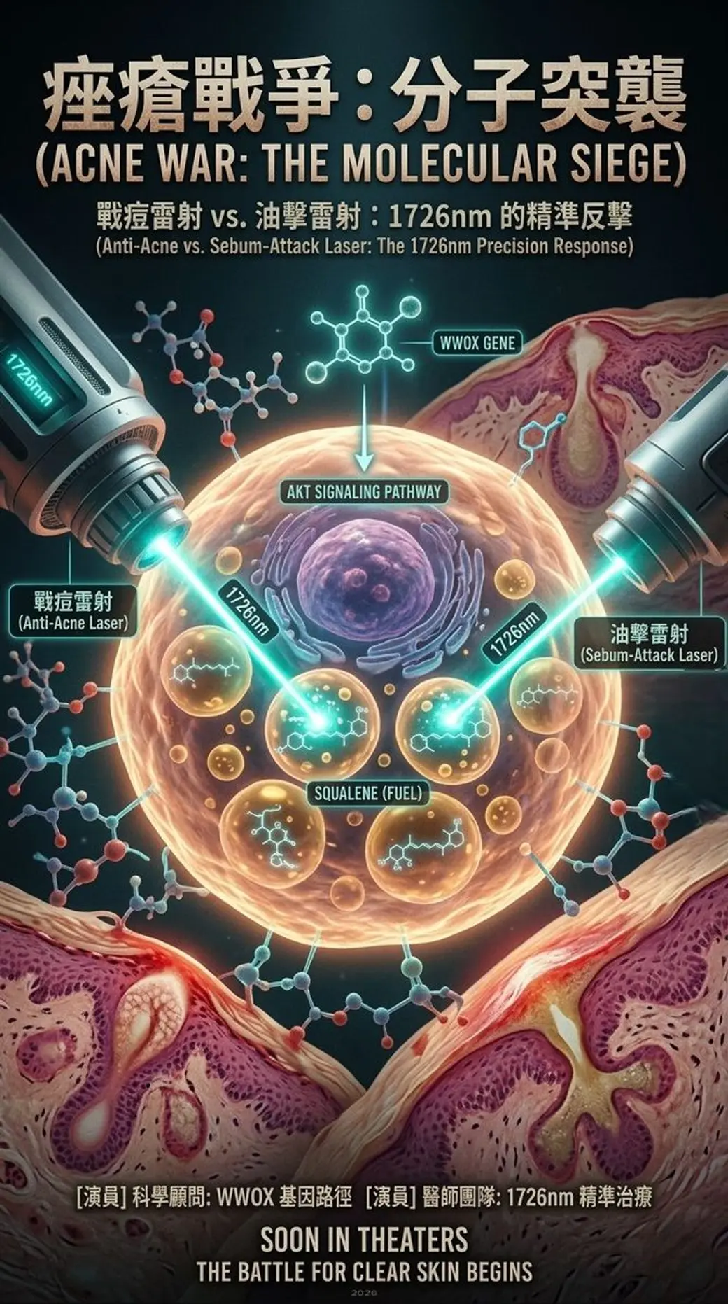 仿電影海報的合成圖卡，中央是一顆發光的皮脂腺細胞與周圍分子結構，左右兩支雷射手把射出藍綠色光束，標示 1726nm、WWOX GENE、AKT SIGNALING PATHWAY 與 SQUALENE，背景是皮膚剖面。