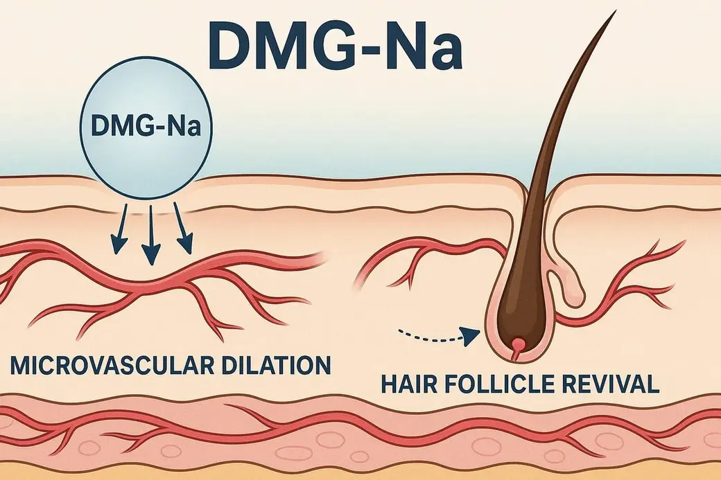 示意圖，皮膚剖面上方標著 DMG-Na，左側箭頭指向擴張的微血管並註明 MICROVASCULAR DILATION，右側一根毛囊旁註明 HAIR FOLLICLE REVIVAL。