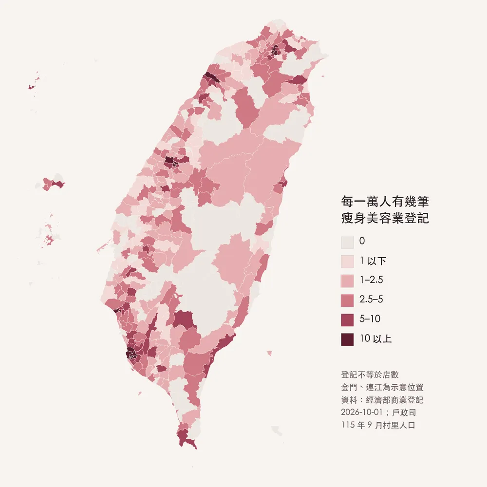 各鄉鎮市區每一萬人的瘦身美容業登記筆數：高雄、台北、台中、台南的市中心顏色最深，中央山脈一帶多是淺色與灰色
