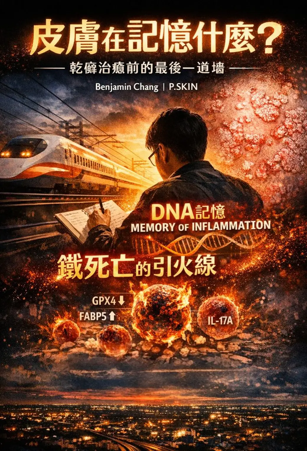 合成海報，一位背對鏡頭的男子站在鐵軌旁伏案書寫，背景是列車與燃燒的城市夜景，畫面上印著「DNA 記憶 MEMORY OF INFLAMMATION」與 GPX4、FABP5、IL-17A 等標示。