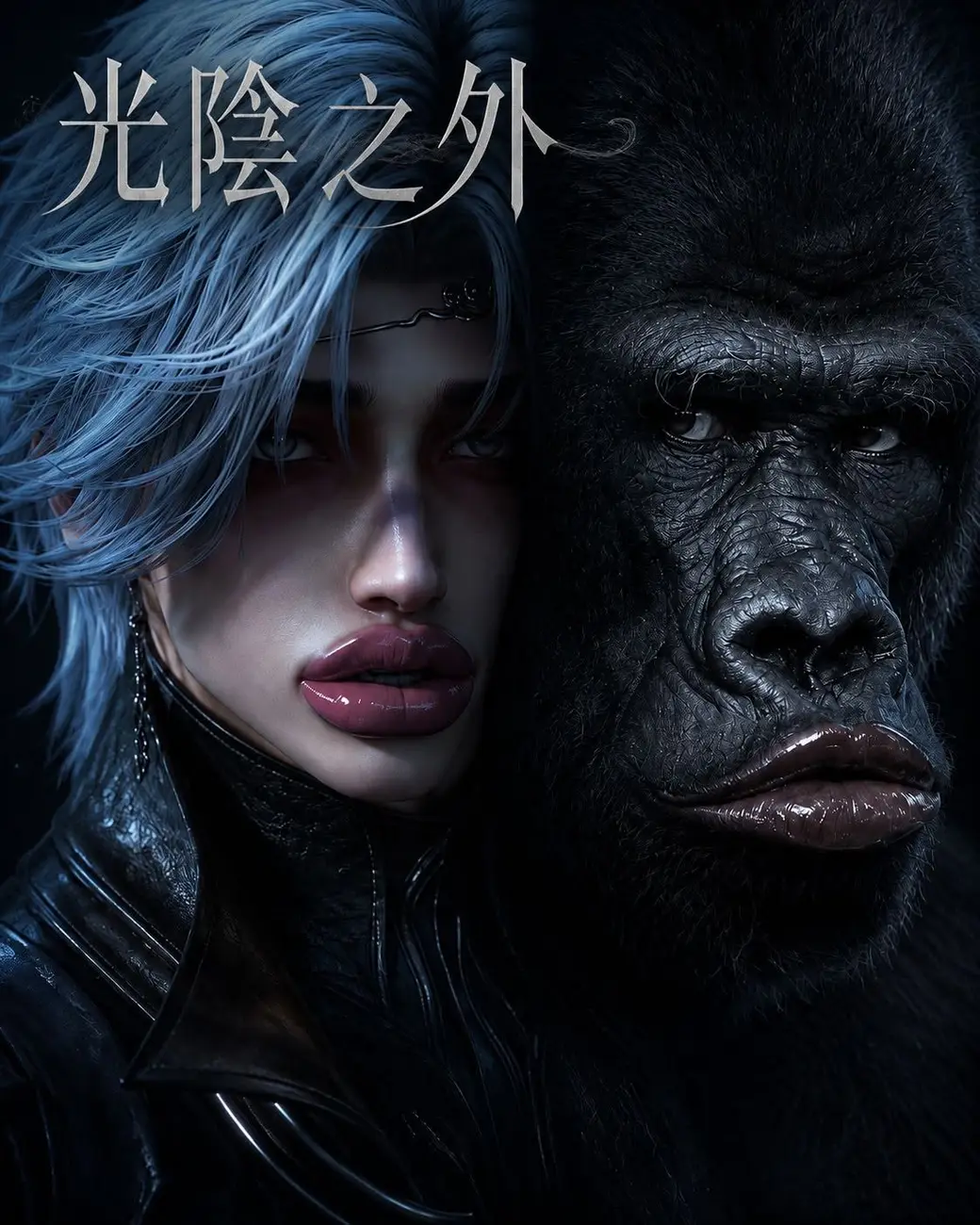 一張請 AI 生成的合成畫面：左半是藍髮人物的臉與明顯的唇部，右半是巨猿，左上角寫著「光陰之外」。
