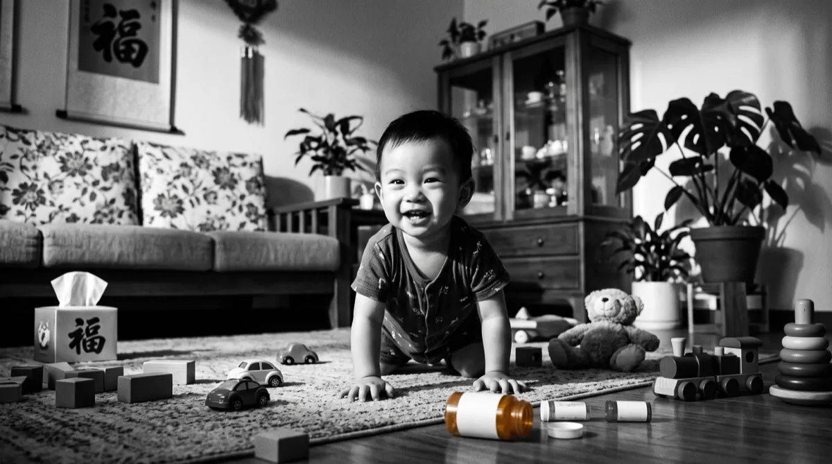黑白照片，一位東方臉孔的幼兒在鋪著地毯的客廳地板上爬行微笑，四周散落玩具車、積木、疊疊圈與絨毛熊，地上有兩三個打翻、沒有標示文字的藥罐，背景牆上掛著「福」字書法與擺飾。