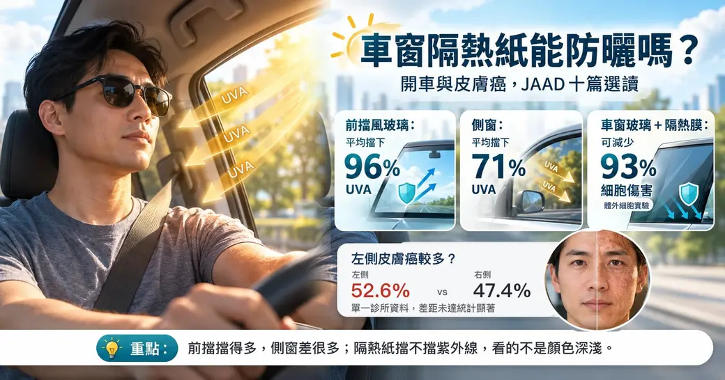 AI 生成示意圖：一位戴墨鏡的男性在陽光從左側車窗照進來的車內開車；右側三格寫前擋風玻璃平均擋下 96% UVA、側窗 71%、車窗玻璃加隔熱膜在體外細胞實驗可減少 93% 細胞傷害；下方寫左側 52.6% 對右側 47.4% 的皮膚癌比例，註明單一診所資料、差距未達統計顯著，旁邊一張臉的左半邊有較多曬斑與皺紋。