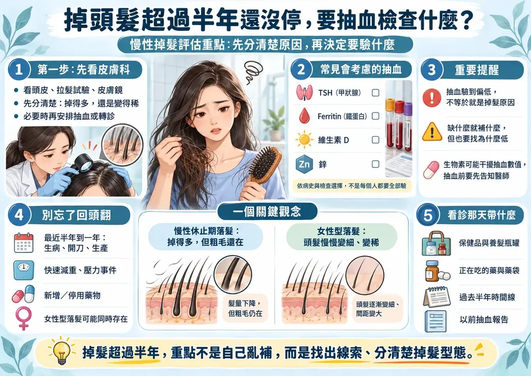 AI 生成的資訊圖封面：中間一位女性拿著梳子看掉下來的頭髮；周圍分五區：先看皮膚科、常見會考慮的抽血（TSH、鐵蛋白、維生素 D、鋅）、重要提醒、別忘了回頭翻、看診那天帶什麼；中間對照慢性休止期落髮與女性型落髮的毛囊示意。