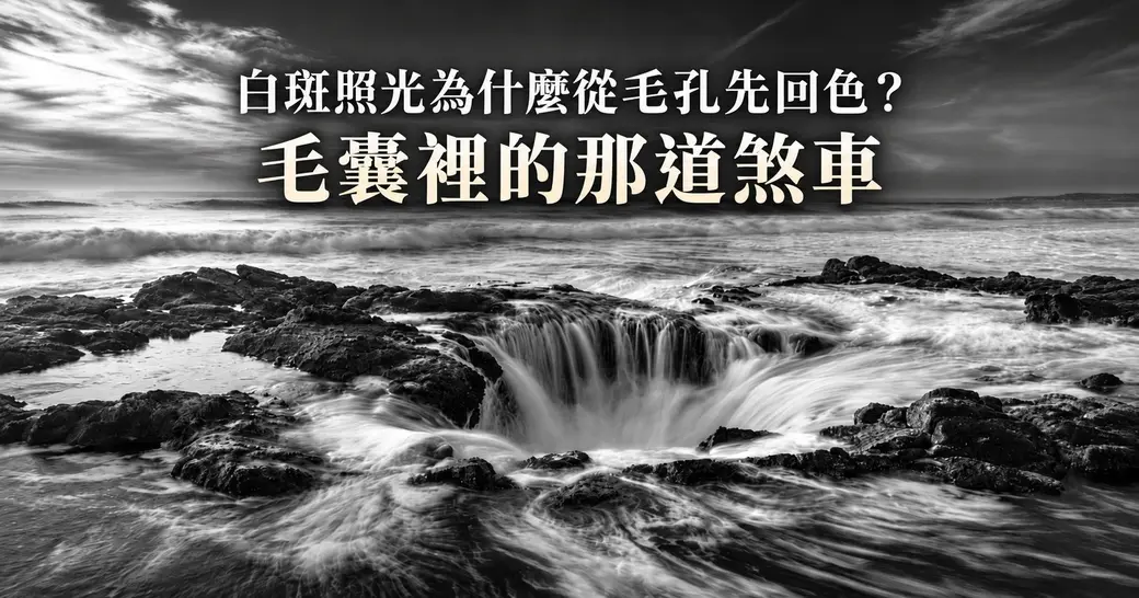 黑白攝影：海岸礁岩間一個圓形深洞，海水從四周湧入往下流。上方標題「白斑照光為什麼從毛孔先回色？毛囊裡的那道煞車」。