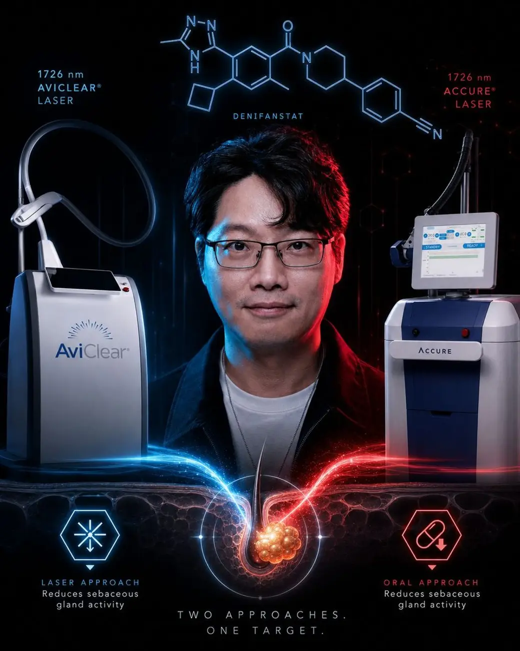 合成海報，黑底畫面中央是一位男性的臉，左右分別立著 AviClear 與 Accure 兩台 1726 nm 雷射儀器，上方是一個分子結構式，下方一藍一紅兩道光交會在皮脂腺上，寫著 TWO APPROACHES. ONE TARGET.