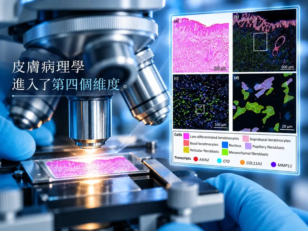 作者製作的合成示意圖。左半是一台顯微鏡的特寫，戴著藍色手套的手正在操作，載玻片上是粉紅色的皮膚切片；右半疊上該篇論文的四格圖，由左上到右下依序是傳統 H&E 影像、空間轉錄體全景、放大的細胞分布，以及單細胞層級的基因訊號，下方附細胞類型與轉錄本的圖例。左上角有中文標題「皮膚病理學進入了第四個維度。」