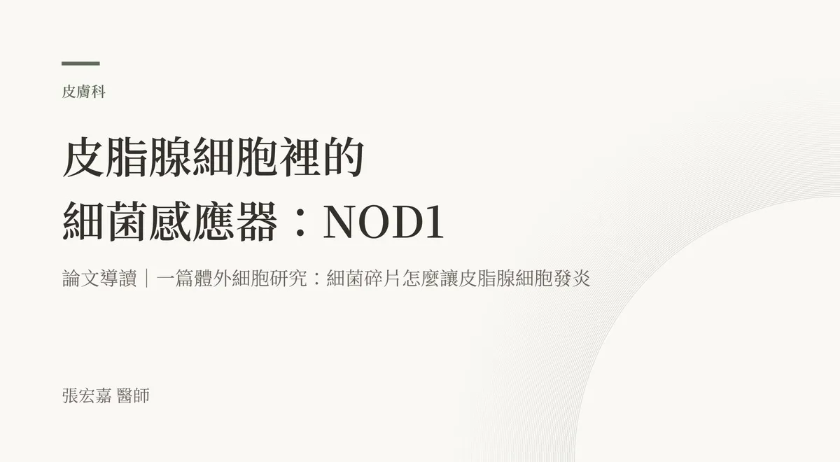 排版卡：大字「皮脂腺細胞裡的細菌感應器：NOD1」，副標「論文導讀｜一篇體外細胞研究：細菌碎片怎麼讓皮脂腺細胞發炎」，左下署名張宏嘉醫師。