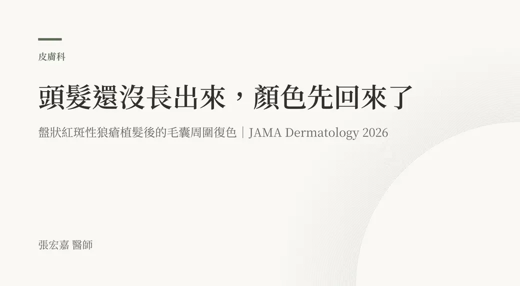 排版式標題卡，米白底配深綠色系，標示文章標題「頭髮還沒長出來，顏色先回來了」與副標「盤狀紅斑性狼瘡植髮後的毛囊周圍復色｜JAMA Dermatology 2026」。