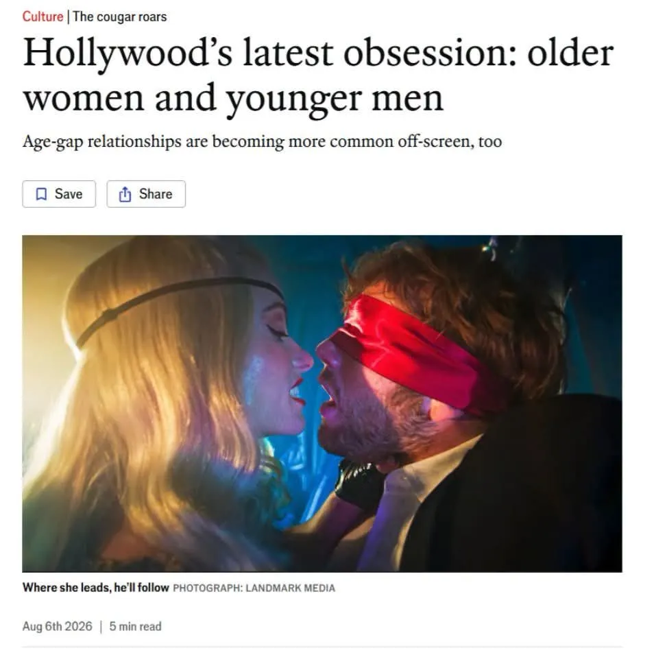 《經濟學人》2026 年 8 月 6 日〈The cougar roars〉的版面：標題 Hollywood's latest obsession: older women and younger men，配圖是一位女子與一位臉上綁著紅布的男子。