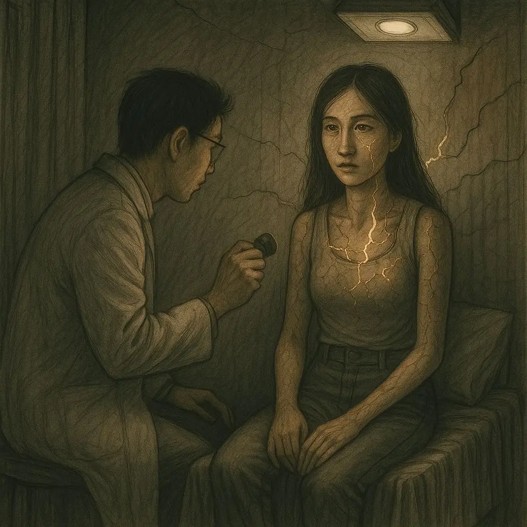 素描風格插畫，昏暗診間裡一位穿白袍的醫師拿著檢查器械，面對坐在診療床上的年輕女性，她的頸部與手臂上畫著發亮的裂紋。