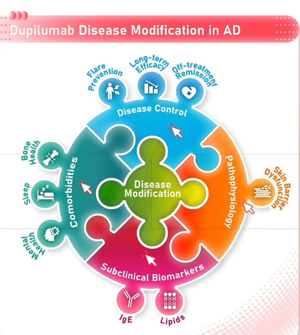 廠商衛教圖，中央是一塊拼圖寫著 Disease Modification，四周環繞疾病控制、病生理、共病、次臨床生物標記四個區塊，各自帶有小圖示。