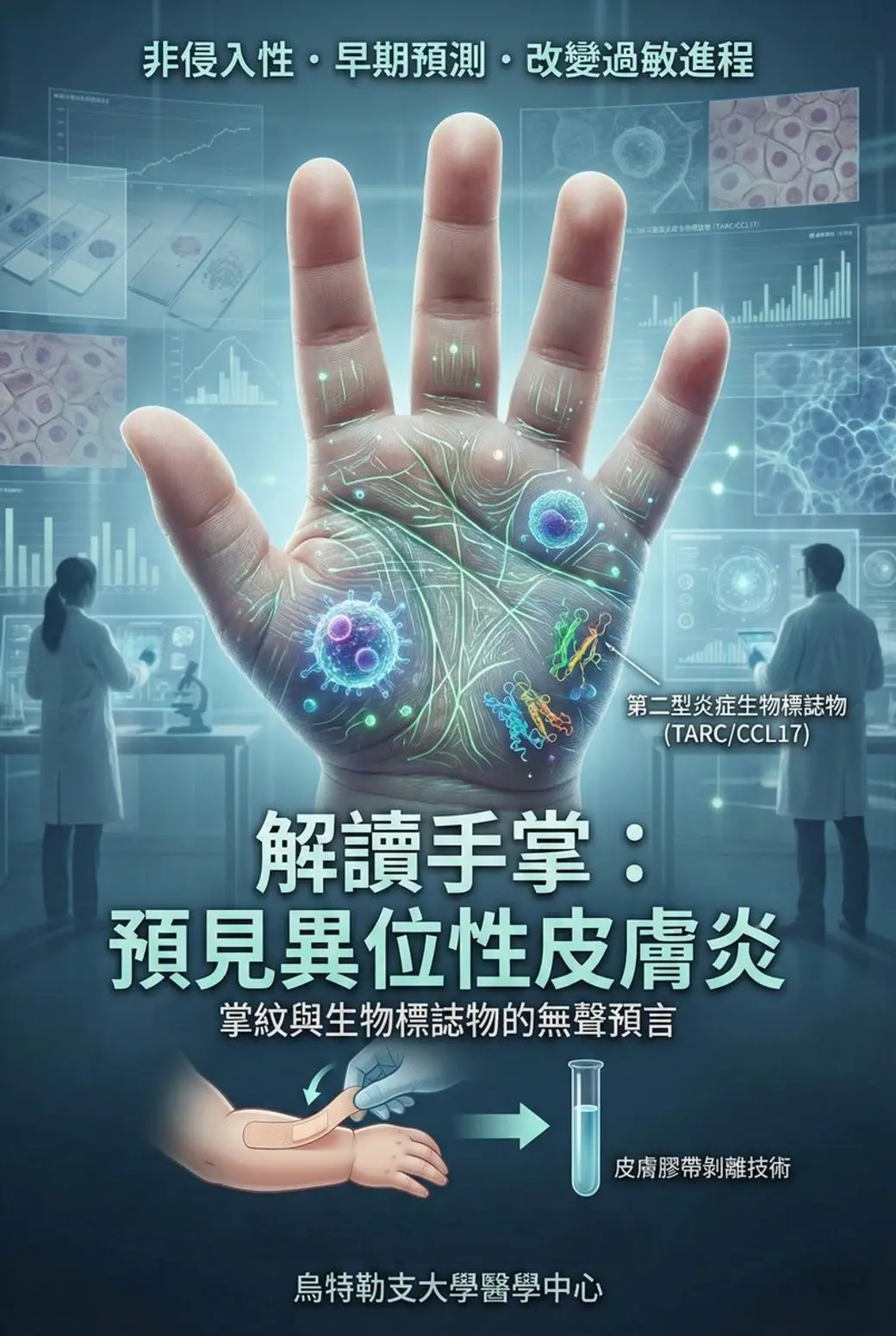 合成圖卡，深藍色實驗室背景中一隻張開的手掌，掌紋上疊著發光的分子與細胞圖示，下方寫著「解讀手掌：預見異位性皮膚炎」與皮膚膠帶剝離技術的示意。