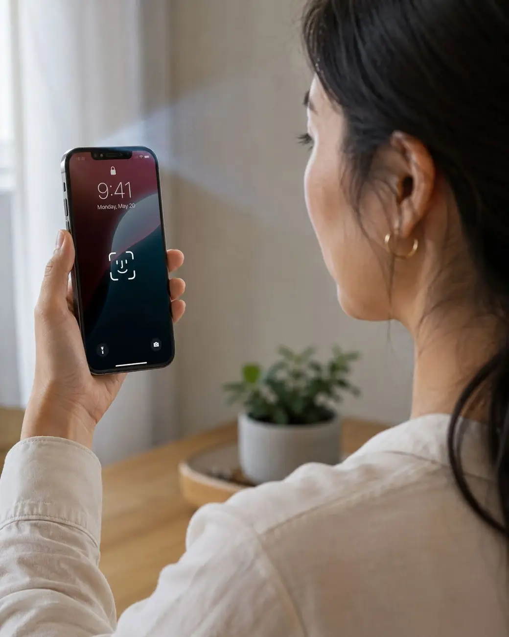 一位女性拿著手機，螢幕上顯示 Face ID 的臉部辨識圖示。