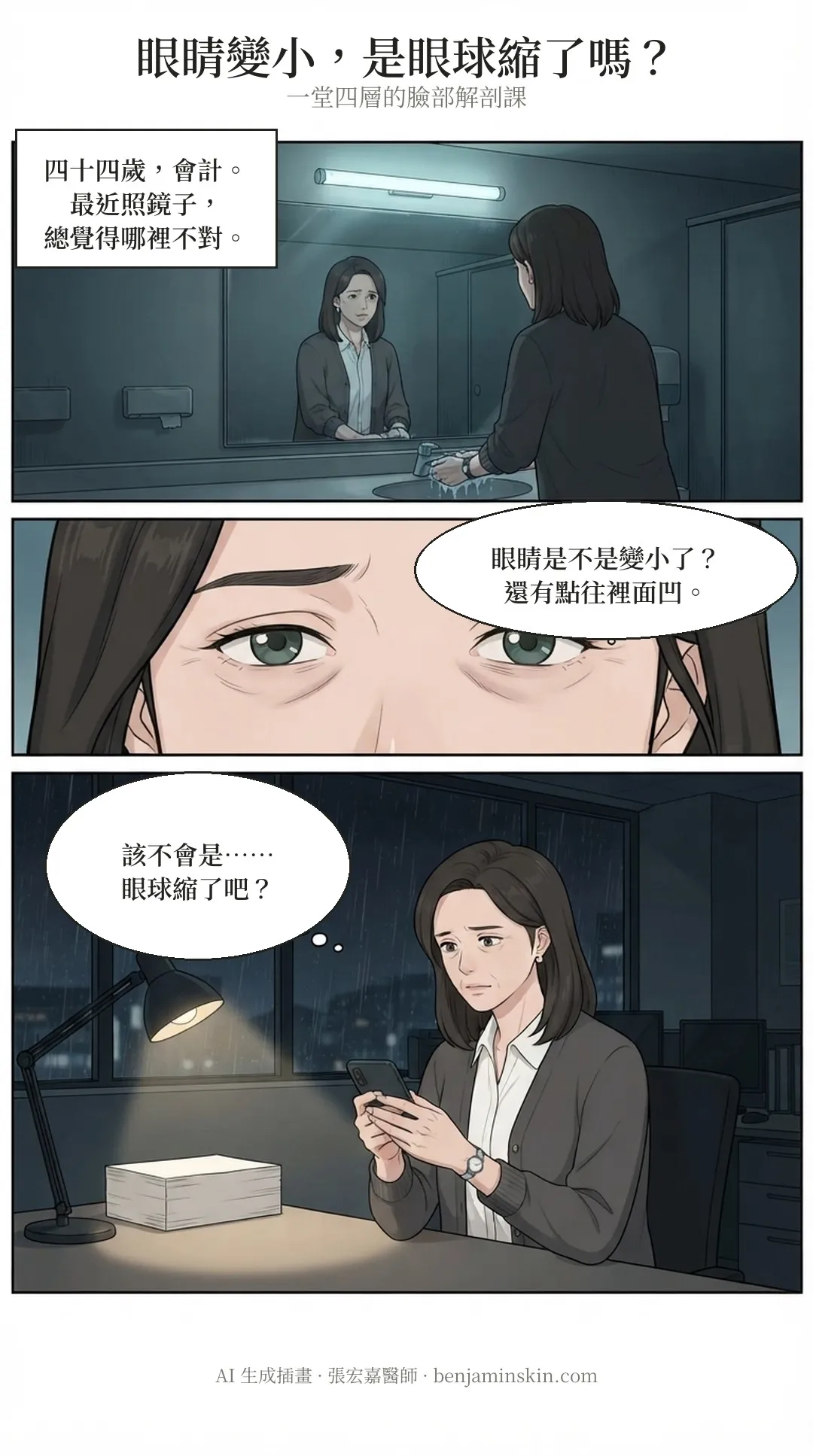 第 1 頁:四十四歲的會計何小姐,晚上在公司洗手間照鏡子,覺得眼睛變小、往裡面凹;夜裡在座位上拿著手機猶豫,心想該不會是眼球縮了。