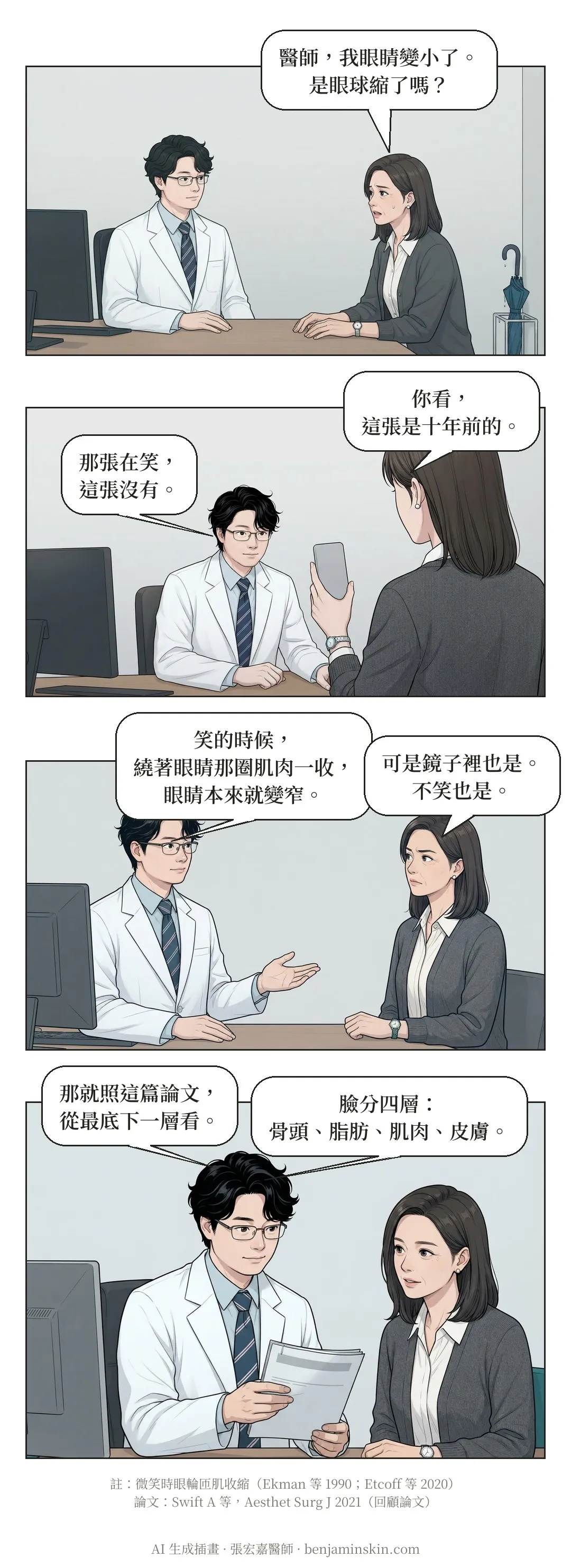 第 2 頁:她到診間問張醫師眼睛是不是縮了,拿出十年前的照片;醫師說那張在笑,笑的時候繞著眼睛那圈肌肉一收,眼睛本來就變窄。她說不笑也是,醫師拿出一篇論文:臉分骨頭、脂肪、肌肉、皮膚四層。