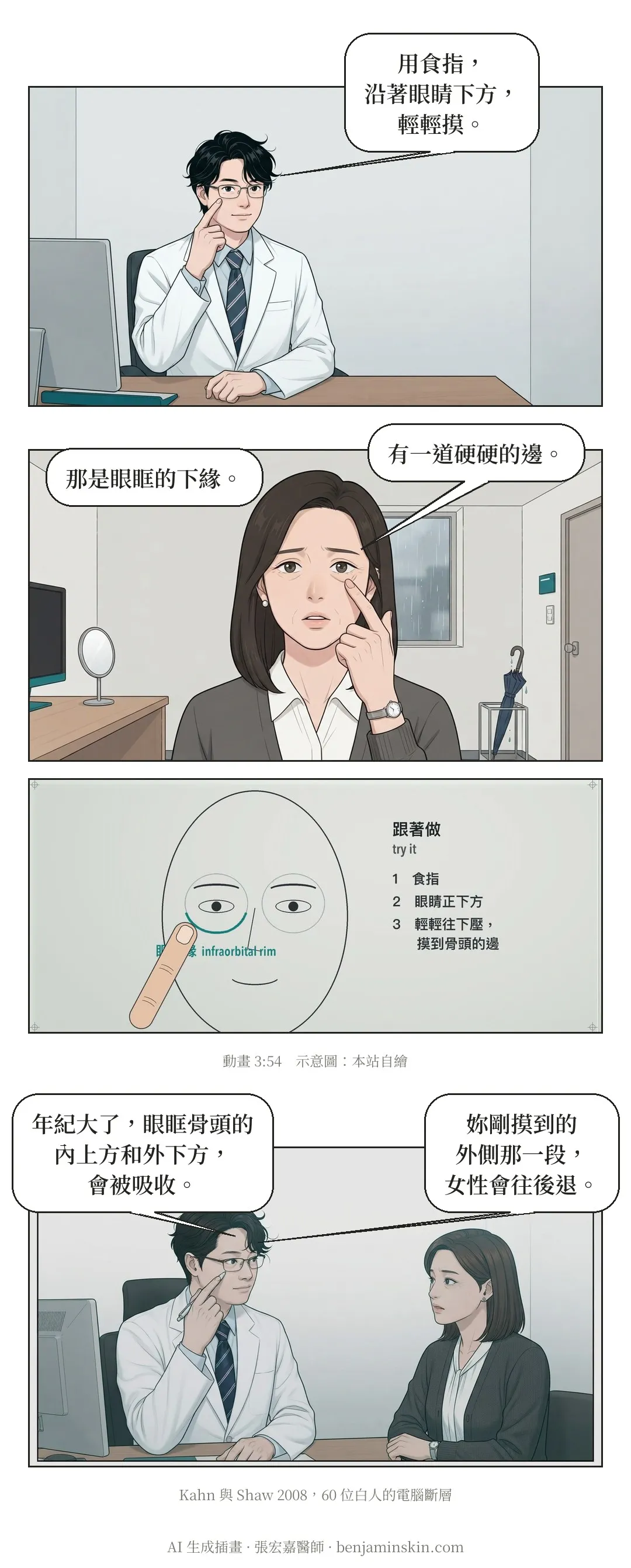 第 3 頁:醫師示範用食指沿著眼睛下方輕輕摸,她跟著摸到一道硬硬的邊,那是眼眶的下緣;動畫示意圖標出眶下緣。醫師說年紀大了,眼眶骨頭的內上方和外下方會被吸收,女性外側那一段會往後退。