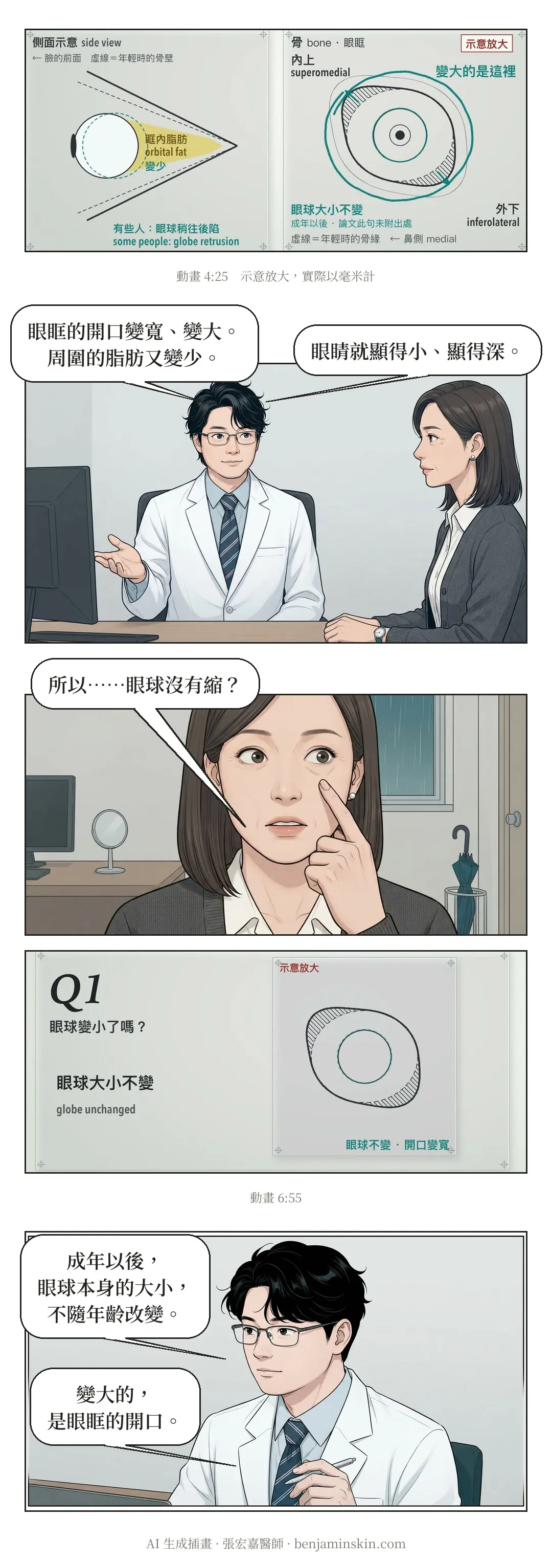 第 4 頁:動畫示意圖畫出眼眶開口變寬、眶內脂肪變少;醫師說眼眶開口變寬變大、周圍脂肪變少,眼睛就顯得小、顯得深。她問眼球沒有縮嗎,醫師說成年以後眼球本身的大小不隨年齡改變,變大的是眼眶的開口。