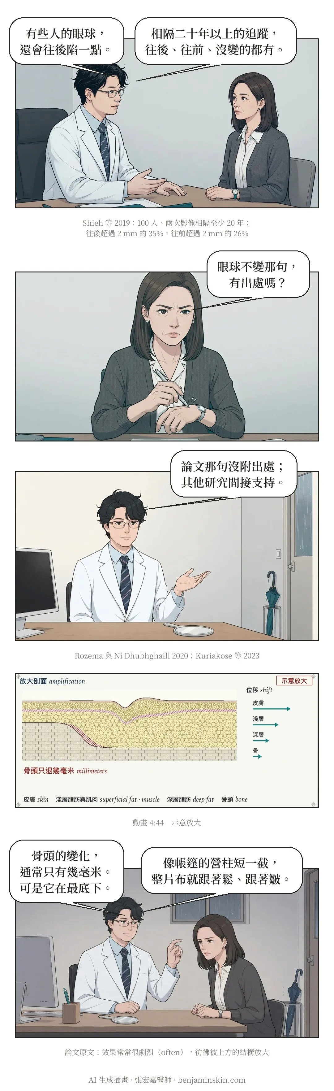 第 5 頁:醫師說有些人的眼球還會往後陷一點,相隔二十年以上的追蹤往後、往前、沒變的都有。她拿筆敲著手背問眼球不變那句有沒有出處,醫師說論文那句沒附出處、其他研究間接支持。放大剖面示意骨頭只退幾毫米,醫師用拇指和食指比出一條窄縫,說像帳篷的營柱短一截,整片布就跟著鬆、跟著皺。