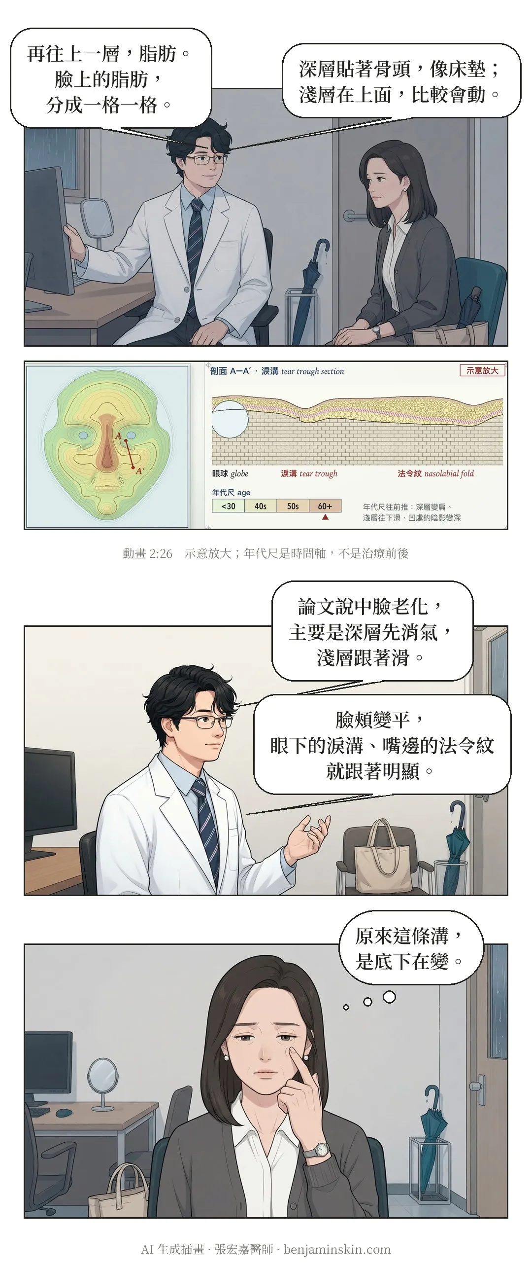 第 6 頁:醫師轉向螢幕講脂肪,臉上的脂肪分成一格一格,深層貼著骨頭像床墊,淺層在上面比較會動;淚溝剖面示意深層消氣、淺層下滑。她用指尖碰著眼下那條淺溝,心想原來是底下在變。