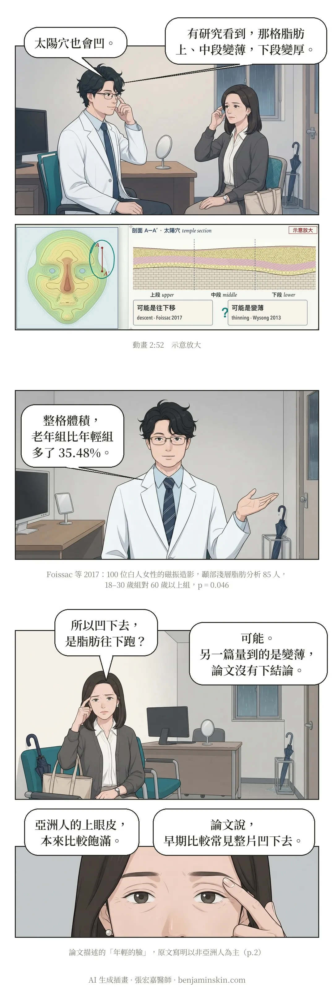 第 7 頁:兩人都摸著自己的太陽穴,醫師說有研究看到那格脂肪上、中段變薄,下段變厚,整格體積老年組比年輕組多了 35.48%;另一篇量到的是變薄,論文沒有下結論。最後她碰著上眼皮,醫師說亞洲人的上眼皮本來比較飽滿,論文說早期比較常見整片凹下去。