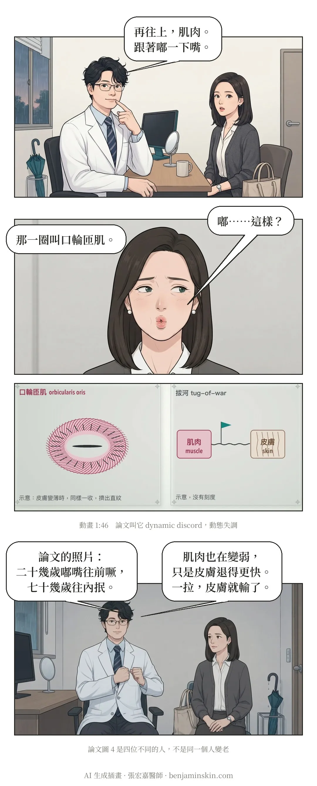 第 8 頁:醫師請她跟著嘟一下嘴,說嘴邊那一圈叫口輪匝肌;示意圖畫出肌肉與皮膚拔河。醫師說論文的照片裡,二十幾歲嘟嘴往前噘、七十幾歲往內抿,肌肉也在變弱,只是皮膚退得更快,一拉,皮膚就輸了。