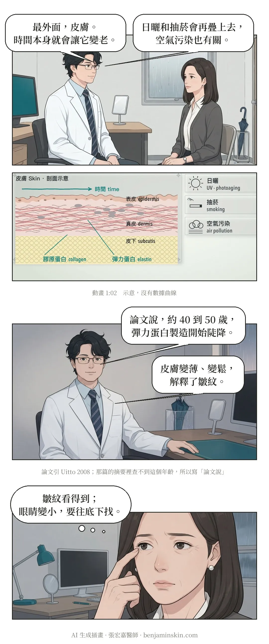 第 9 頁:最外面是皮膚,時間本身會讓它變老,日曬、抽菸、空氣污染也有關;皮膚剖面示意彈力纖維斷開。醫師說論文提到約 40 到 50 歲彈力蛋白製造開始陡降。她摸著眼尾的細紋,心想皺紋看得到,眼睛變小要往底下找。