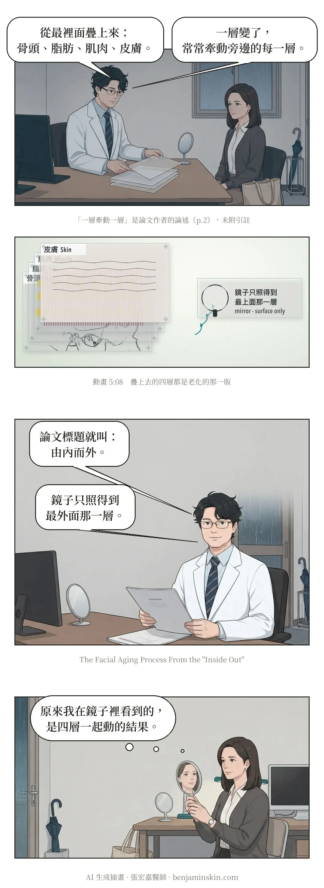 第 10 頁:醫師把四張空白透明片疊在桌上,說從最裡面疊上來是骨頭、脂肪、肌肉、皮膚,一層變了常常牽動旁邊的每一層;論文標題就叫由內而外,鏡子只照得到最外面那一層。她拿著手鏡,鏡裡是同一張臉。