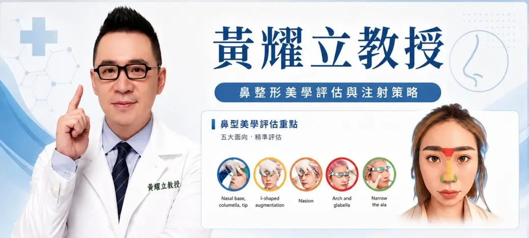 講者宣傳圖，左側是一位穿白袍舉起食指的男性，右側寫著鼻整形美學評估與注射策略，下方以五個圓形小圖列出評估面向，右邊是一張標著注射位置的臉部照片。