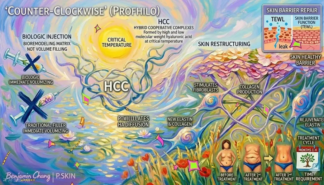 自製手繪風格圖卡，色彩流動的畫面中以文字與箭頭標出生物性注射與傳統填充的差異、臨界溫度、刺激纖維母細胞與膠原生成、皮膚屏障修復，右下角是療程時程與腹部治療前後的小圖。