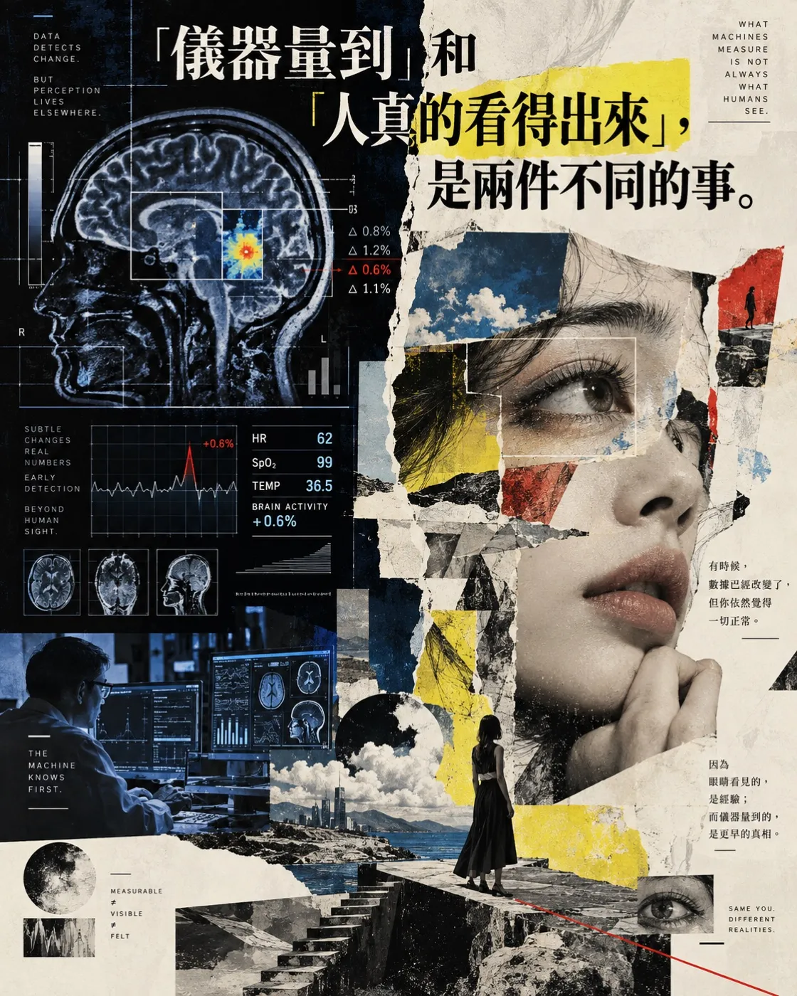作者提供的 AI 拼貼圖。左半是深藍色的醫學影像介面——腦部磁振造影切片、生理監視器數值與一條標著 +0.6% 的紅色尖峰曲線；右半是一張以碎紙拼貼而成的女性側臉。畫面上方的大字寫著「「儀器量到」和「人真的看得出來」，是兩件不同的事。」，右側小字寫「有時候，數據已經改變了，但你依然覺得一切正常」與「因為眼睛看見的，是經驗；而儀器量到的，是更早的真相」，左下角標註「MEASURABLE ≠ VISIBLE ≠ FELT」。