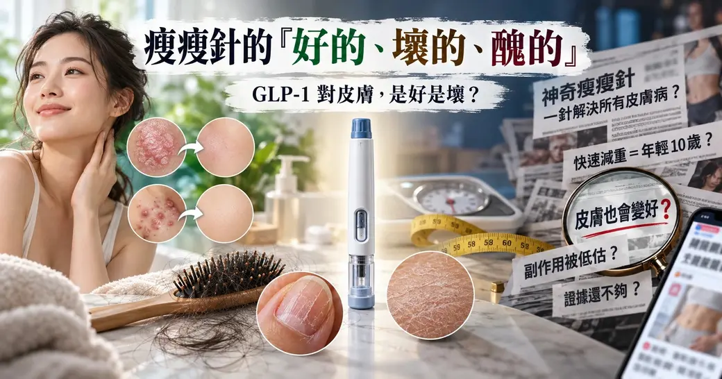 橫幅示意圖。中央一支白色注射筆，上方大字「瘦瘦針的『好的、壞的、醜的』」與「GLP-1 對皮膚，是好是壞？」。左邊一位女性摸著臉，旁邊幾個圓圈是乾癬、痘痘的皮膚特寫；下方有梳子上的落髮、脆裂的指甲、乾燥的皮膚；右邊是體重計、皮尺，與一疊打著問號的報紙標題（「神奇瘦瘦針一針解決所有皮膚病？」「副作用被低估？」「證據還不夠？」），一支放大鏡壓在「皮膚也會變好？」上。圖上沒有商品名。