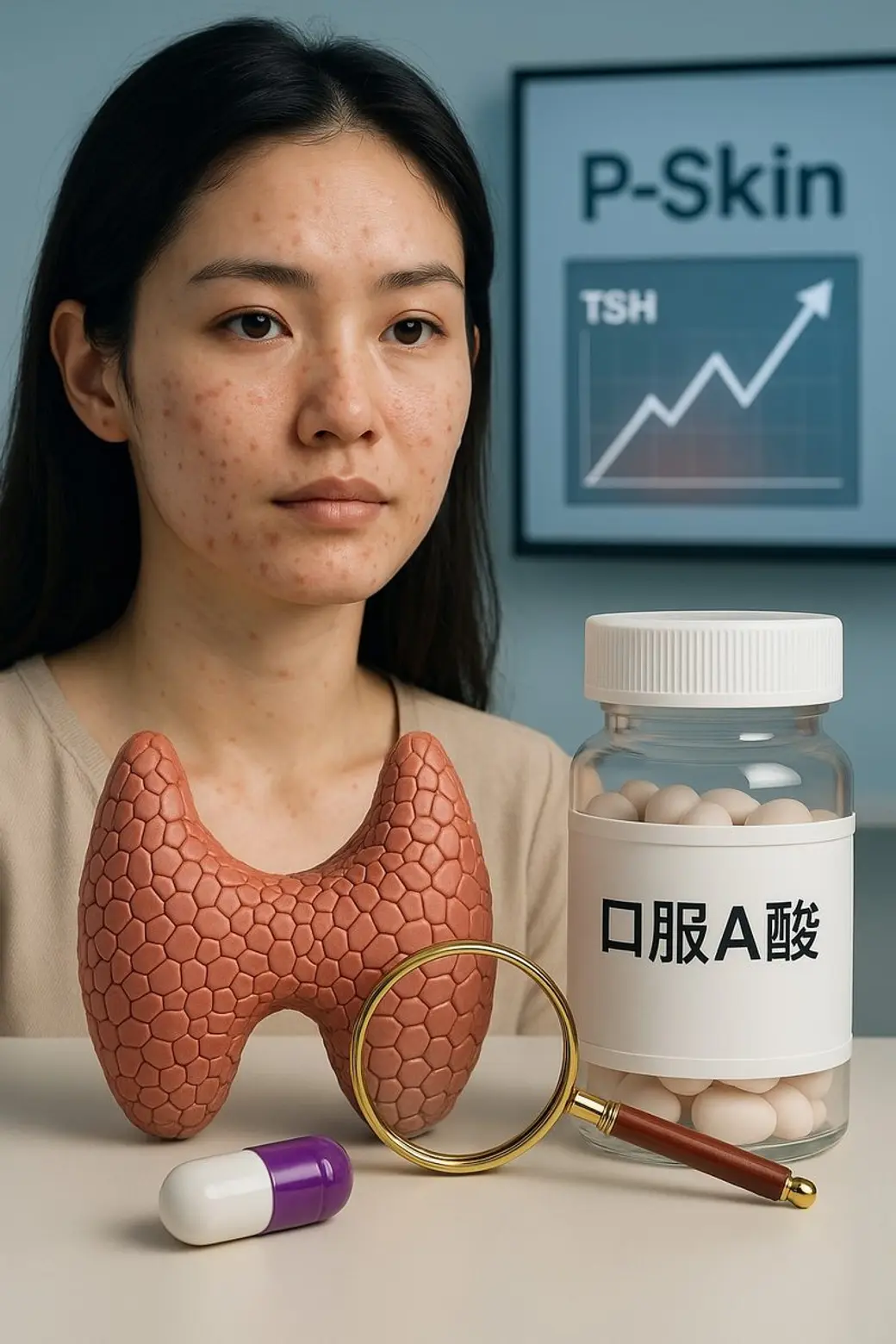 合成圖片，一位臉上有痘痘的女性坐在診間，桌上放著一個甲狀腺的立體模型、一個標示「口服 A 酸」的藥罐與一顆膠囊，背景螢幕上是 TSH 的上升曲線。