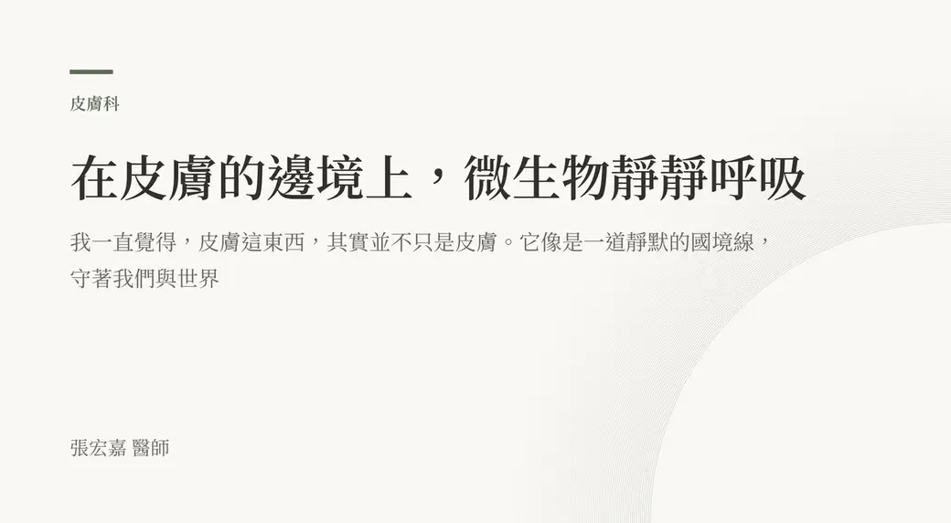 排版式文字封面，米白底，左上角有綠色短線與「皮膚科」標示，副標寫著皮膚像一道靜默的國境線，左下角署名張宏嘉醫師。