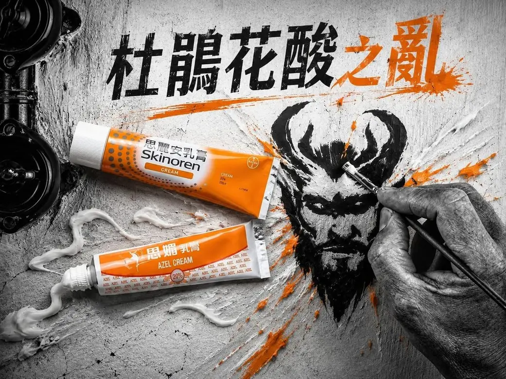 合成圖卡，粗獷的水泥牆面上潑著橘色顏料與一張手繪的惡魔臉，前方放著兩條杜鵑花酸藥膏並擠出乳白色藥體，上方寫著「杜鵑花酸之亂」。