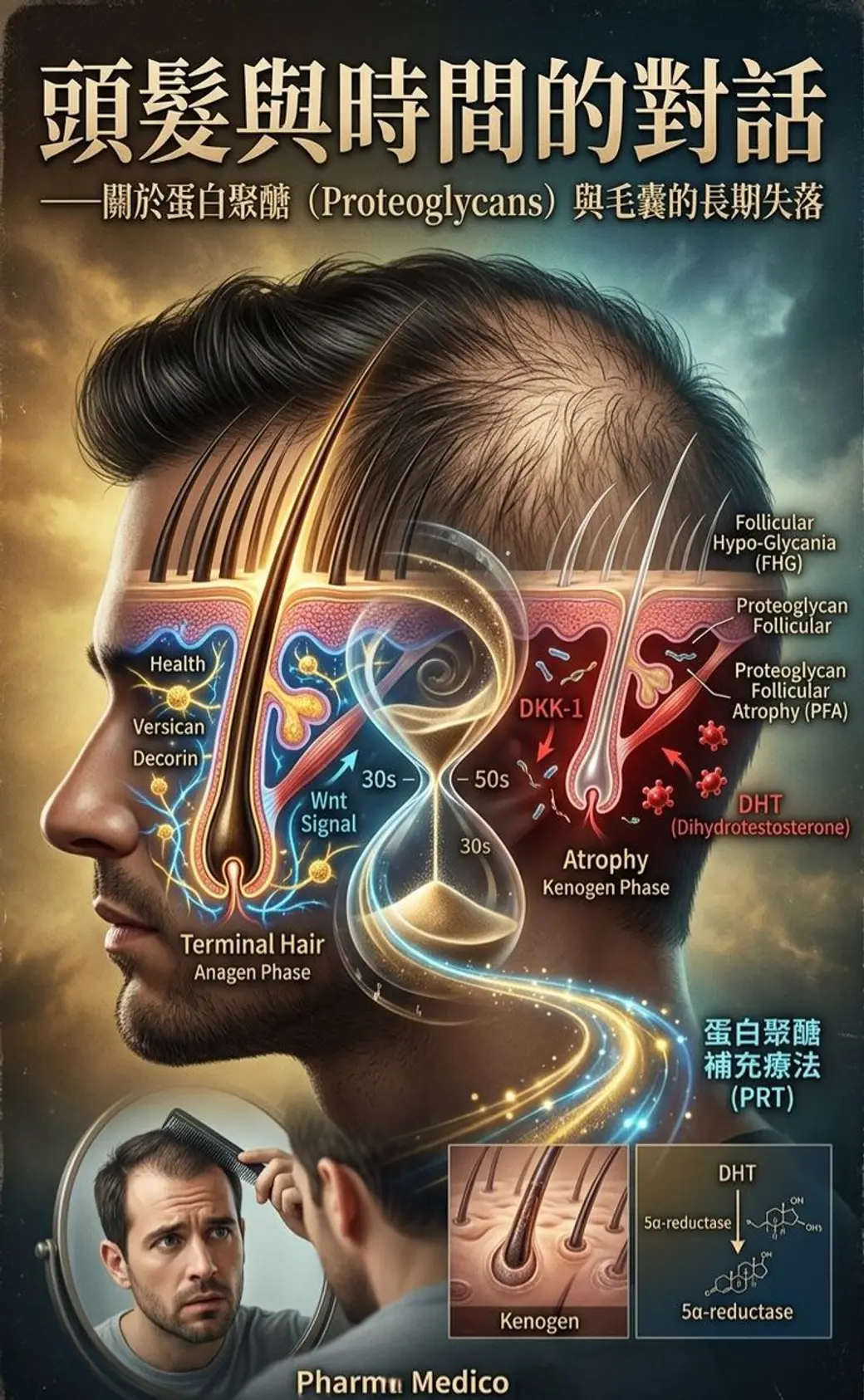 合成海報，一位男性的側臉，臉上疊著毛囊剖面與沙漏圖，標示生長期終毛、Kenogen 期萎縮、DKK-1 與 DHT，左下角另有一張對鏡看髮際線的照片。