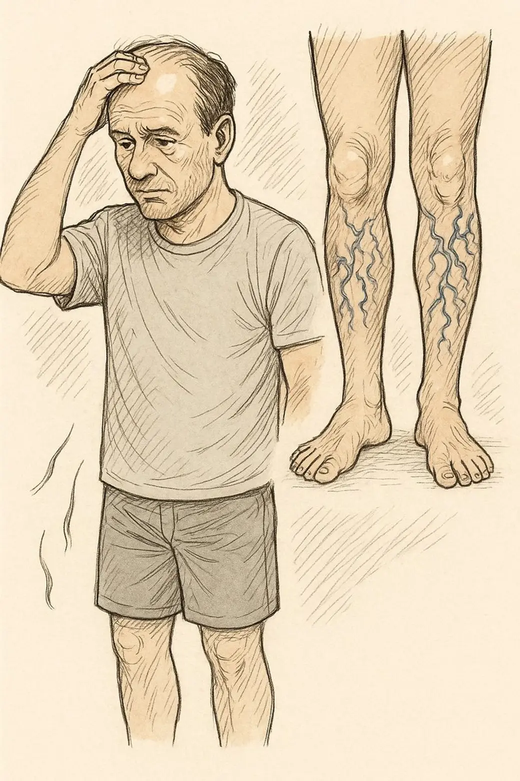 素描風格插畫，左邊一位中年男性摸著稀疏的頭頂，右邊是一雙小腿的特寫，皮下浮著蜿蜒的靜脈。