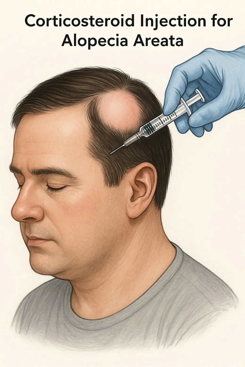 醫學插畫，標題 Corticosteroid Injection for Alopecia Areata，一位男性的側面頭部有一塊圓形落髮區，一隻戴藍手套的手正拿針筒在該處注射。