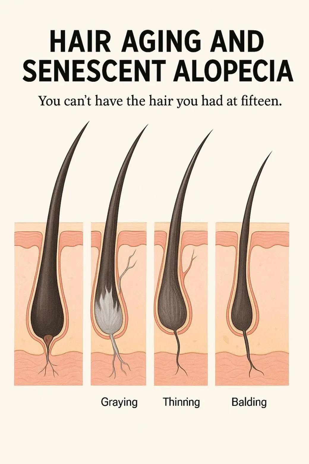 插畫圖卡，米色底，標題 HAIR AGING AND SENESCENT ALOPECIA，下方四格毛囊剖面依序顯示正常、白髮、變細與禿髮的差異。