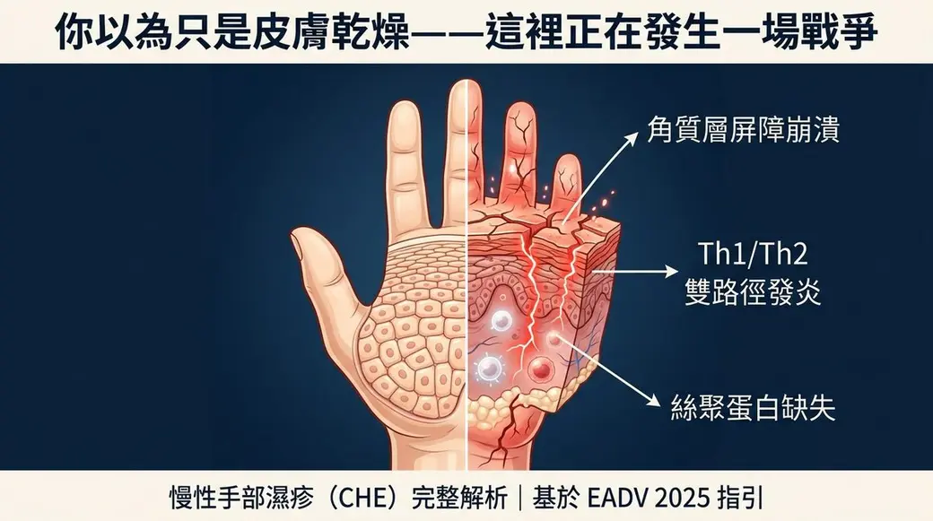 自製衛教圖卡，深藍底，中間一隻手掌左右各半，左半是正常的角質層，右半畫出崩解的屏障與發炎細胞，右側標示角質層屏障崩潰、Th1/Th2 雙路徑發炎與絲聚蛋白缺失。